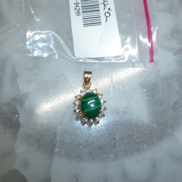 18K Gold Electroplate Malachite Swarovski Crystals Pendant - Picture 4 of 10